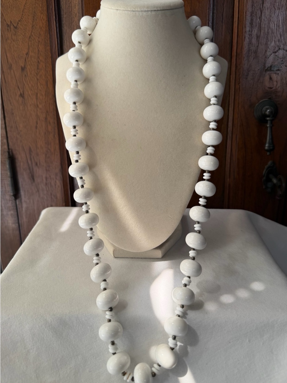 Vintage White Beaded Long Necklace Crackle Glaze Look Statement Jewelry